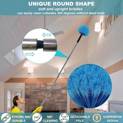 12 Ft Duster, Cobweb Duster with Extension Pole, Medium Stiff Bristles Cobweb Duster Head & 12-Feet Stainless Steel Pole Ceiling Fan Duster with Universal Joint for Outdoor Indoor Cleaning