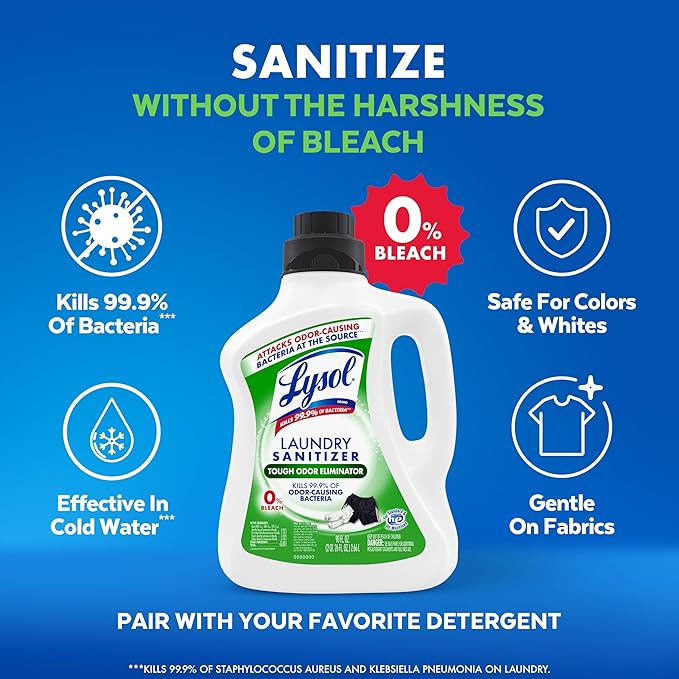 Lysol Tough Odor Eliminator Laundry Sanitizer Additive, Sanitizing Liquid for Gym Clothes and Activewear, 0% Bleach, Eliminates Odor Causing Bacteria, 90oz