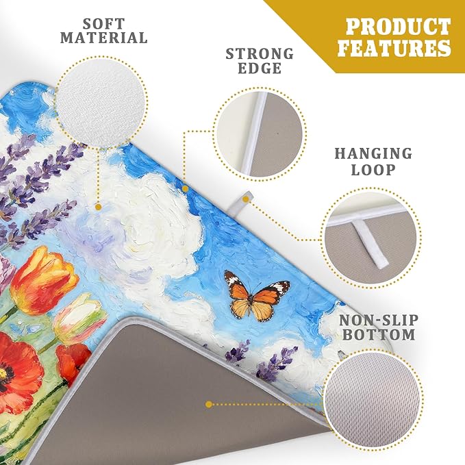 Spring Floral Dish Drying Mat for Kitchen Counter 18x24 Green Purple Blue Flower Butterfly Summer Absorbent Reversible Microfiber Seasonal Drying Mats Kitchen Countertop Protector Dishes Drainer Pad