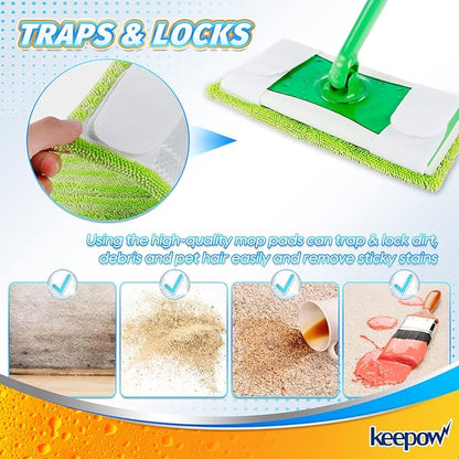 KEEPOW Reusable Mop Pads Compatible with Swiffer Sweeper – Washable Microfiber Floor Cleaning Refills for Wet & Dry Use – 10.6" x 5.1", 4 Pack