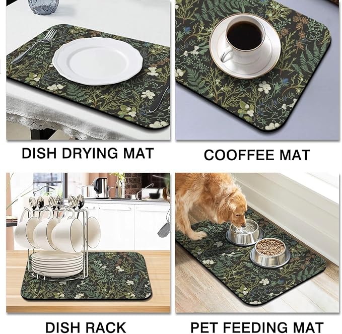 Dish Drying Mat for Kitchen Counter 2 Pack with Non-Slip Rubber Backing - Heat-Resistant Absorbent Coffee Bar Mat, Dish Rack Mat, Green Plants Dish Drying Mats 18x24+19.5x12 inch