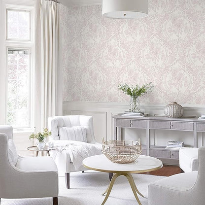 Ismoon Floral Peel and Stick Wallpaper Pink Contact Paper Boho Watercolor Damask Wallpaper Vintage Textured Removable Self Adhesive Vinyl Wall Paper Renter Friendly, 17.3 in X 32.7 ft