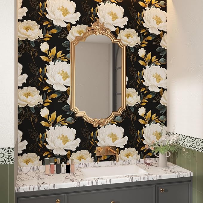 Extra Long Dark Floral Peel and Stick Wallpaper, 17.5In x 393In Vintage Big Peony Flower Waterproof Wallpaper for Room Cubicle Drawer, Vinyl Removable Contact Paper Wall Decor Black White