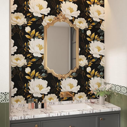 Extra Long Dark Floral Peel and Stick Wallpaper, 17.5In x 393In Vintage Big Peony Flower Waterproof Wallpaper for Room Cubicle Drawer, Vinyl Removable Contact Paper Wall Decor Black White