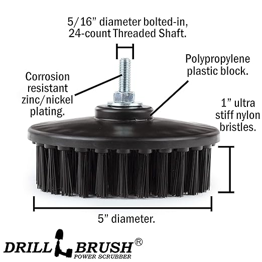 Industrial 5-Inch Threaded 5/16x24 Ultra Stiff Drill Scrub Brush - Dual Action Polisher - Electric Power Drill Brush Attachment - Contractor Cleaning Supplies - Electric Spin Scrubber for Oil Stains