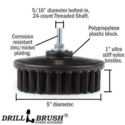 Industrial 5-Inch Threaded 5/16x24 Ultra Stiff Drill Scrub Brush - Dual Action Polisher - Electric Power Drill Brush Attachment - Contractor Cleaning Supplies - Electric Spin Scrubber for Oil Stains