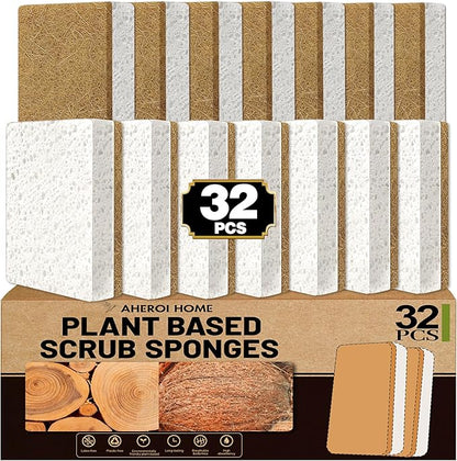 Aheroi Natural Dish Sponge, 32 Count FSC Certified Plant-Based Biodegradable Compostable Kitchen Sponges for Dishes Bulk, Organic Eco Friendly Cleaning Sponge for Bathroom, Household, Non Scratch