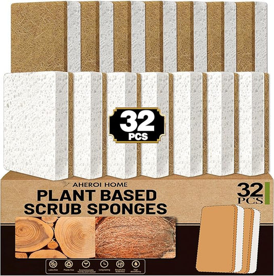 Aheroi Natural Dish Sponge, 32 Count FSC Certified Plant-Based Biodegradable Compostable Kitchen Sponges for Dishes Bulk, Organic Eco Friendly Cleaning Sponge for Bathroom, Household, Non Scratch