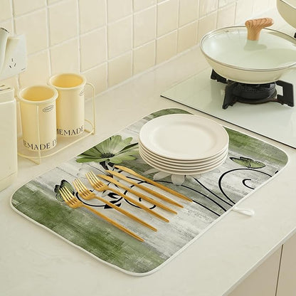 Floral Dish Drying Mat 18x24 Inches For Kitchen Counter Sage Green Daisy Flower Kitchen Decoration Drying Mat Modern Decorative Drying Pad For Home Kitchen Decor,Dining Room,Office Decor