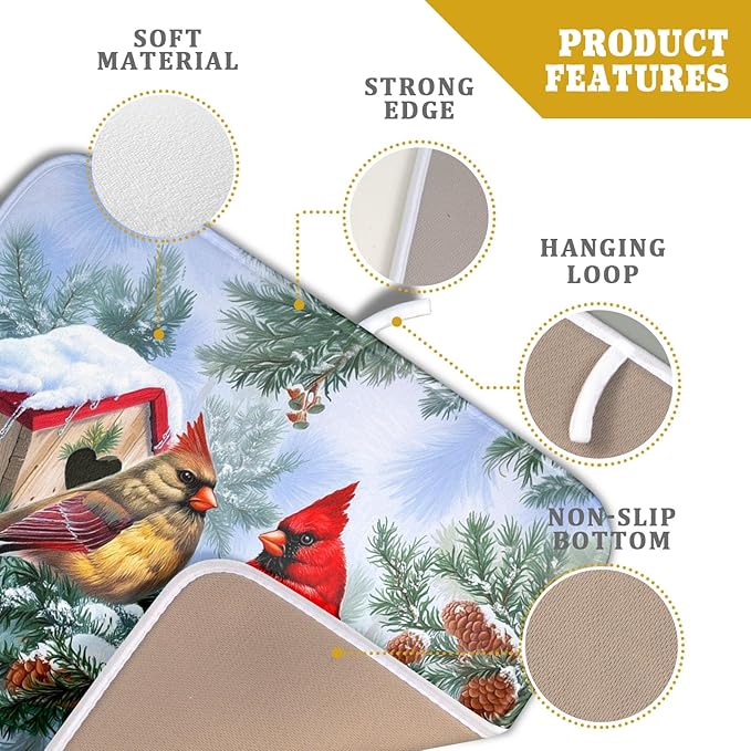 Winter Red Cardinal Bird Dish Drying Mat for Kitchen Counter,Holly Berry Branches Xmas Snowflake Cabin Drying Mat 16 x 18 Inch with High Absorbent Microfiber Drainer Mat for Coffee Bar