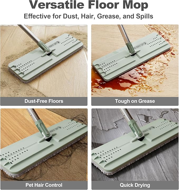 JOYMOOP Flat Mop, Microfiber Mops for Floor Cleaning and Long Handle Wall Cleaner, 60" Mop Handle with Flexible 15" Flat Head with a Microfiber Mop Pad - Green