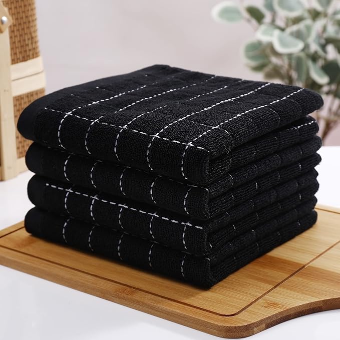 Homaxy 100% Cotton Terry Kitchen Towels(Black, 13 x 28 inches), Checkered Designed, Soft and Super Absorbent Dish Towels, 18 Pack