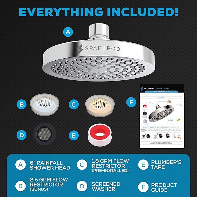SparkPod Shower Head - High Pressure Rain - Premium Quality Luxury Design - Easy Clean Adjustable Replacement for Your Bathroom Shower Heads (Luxury Polished Chrome, 6 Inch Round)