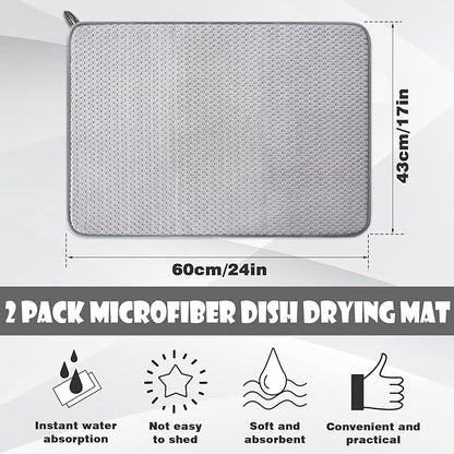 2 Pack Microfiber Dish Drying Mat,24 x 17 inch Super Absorbent Drying Pad,Large Size Dish Drying Mat for Countertops,Sinks,Draining Racks,Gray
