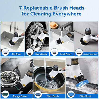 11 in 1 Electric Spin Scrubber Cordless Shower Scrubber with 2 Adjustable Speeds Spray Shower LED Display Shower Cleaner Brush with Long Handle for Bathroom Floor Tub Tile Toilet IPX7 Waterproof