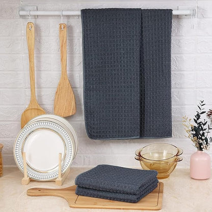 Homaxy Microfiber Waffle Weave Kitchen Towels Set, 16 x 28 Inch and 12 X 12 Inch Ultra Absorbent and Solid Color Dish Towels, 8 Pack, Navy Blue/Grey/Black/Dark Grey