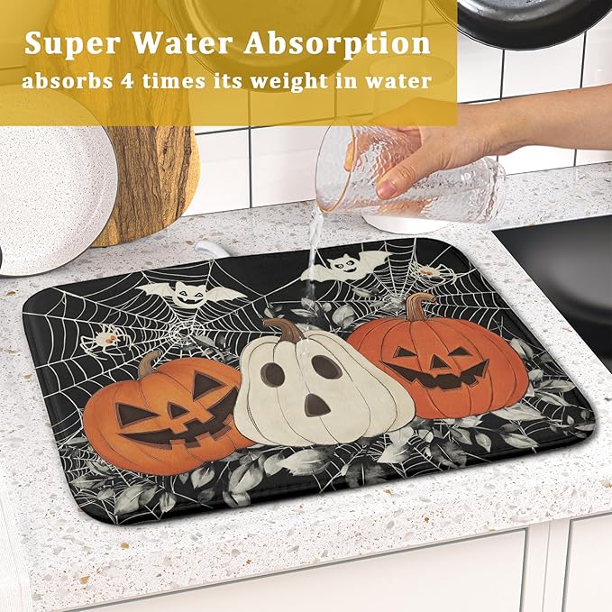Halloween Pumpkin Dish Drying Mat for Kitchen Counter 16x18 Cream Bat Spiderweb Holiday Scary Theme Absorbent Reversible Microfiber Drying Mats Kitchen Countertop Protector Dishes Drainer Pad
