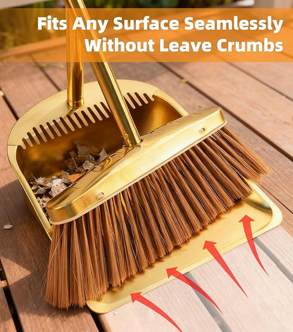 Gold Stainless Steel Broom and Dustpan Set, 2-Piece Long Handle Standing Pan with Comb Teeth, Heavy Duty Windproof Upright Design for Home, Kitchen, Indoor Outdoor Use
