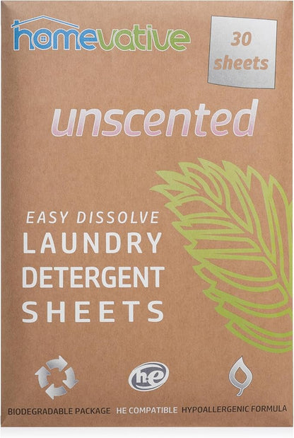 Homevative Laundry Detergent Sheets, 30 Sheets, Up to 60 Loads, Easy Dissolve, Unscented, Eco package, HE Compatible, Septic friendly, Great for travel, college, laundromat and at home