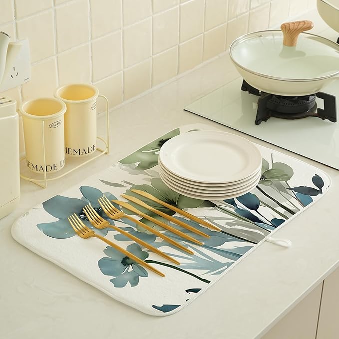 Spring Dish Drying Mat 18x24 Inches For Kitchen Counter Absorbent Blue Green Floral Kitchen Decoration Drying Mat Summer Flower Decorative Pad For Home Kitchen,Dining Room,Office Decoration