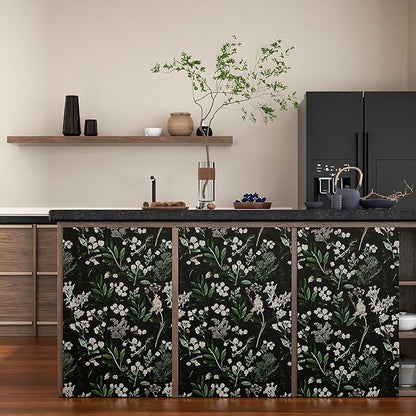 Laatse Dark Floral Wallpaper Peel and Stick Green Leaf Wallpaper Vintage Flowers Contact Paper Waterproof Self Adhesive Boho Delicate Wall Paper for Cabinet Kitchen Walls Locker 17.5in x32.8ft