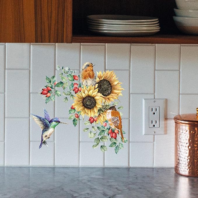 Sunflower Wall Stickers & Murals Bird Wall Decals Peel and Stick Yellow Flower Window Clings Watercolor Hummingbird Art Decor Wall Clings Kitchen Cabinet Decals for Bathroom Toilet Tank Girls Bedroom