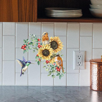 Sunflower Wall Stickers & Murals Bird Wall Decals Peel and Stick Yellow Flower Window Clings Watercolor Hummingbird Art Decor Wall Clings Kitchen Cabinet Decals for Bathroom Toilet Tank Girls Bedroom