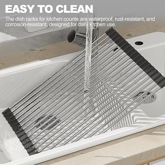 NEZUIBAN Dish Drying Rack with Roll Up and Over Sink for Kitchen,17.5"x15.7",Black
