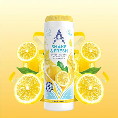 Astonish 350g Shake Fresh Lemon Sparkle Carpet Powder Odor Remover, 2 Pack - Pet Smell Deodorizer, Vacuum Safe Citrus Scent, Dry Floor Cleaner, Room Refresher, Home Fragrance, Easy to Use Powder