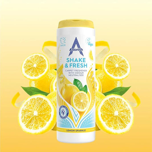 Astonish 350g Shake Fresh Lemon Sparkle Carpet Powder Odor Remover - Pet Smell Deodorizer, Vacuum Safe Citrus Scent, Dry Floor Cleaner, Room Refresher, Home Fragrance, Easy to Use Powder