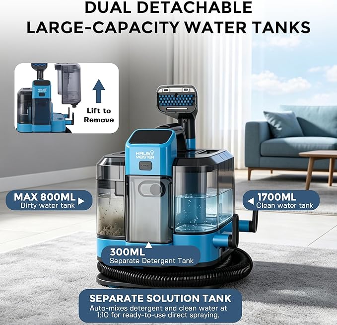 HAUSMEISTER Portable Carpet Spot Cleaner with Steam, 1600W Upholstery Cleaner Machine, 12KPa Strong Suction, Cold/Hot/Steam Modes, Self-Cleaning, for Couch, Car Seats & Rugs