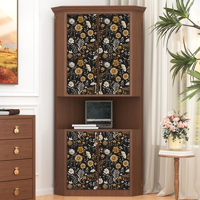 Laatse Vintage Floral Wallpaper Peel and Stick Black Leaf 17.5" x 118" Contact Paper Botanical Flower Self Adhesive Vinyl Waterproof Removable for Kitchen Bathroom Shelves Cabinet Drawer Table Decor