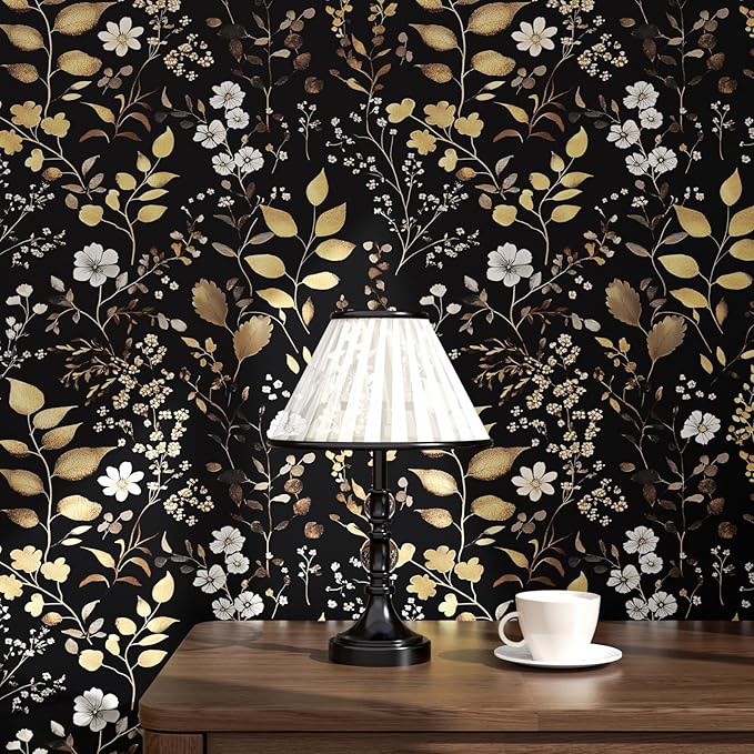 Laatse Boho Wallpaper Peel and Stick Dark Floral Wallpaper 17.5in x393in Vintage Leaf Contact Paper Vinyl Waterproof Self Adhesive Golden Leaf Botanical Wall Paper for Cabinet Table Drawer Decor