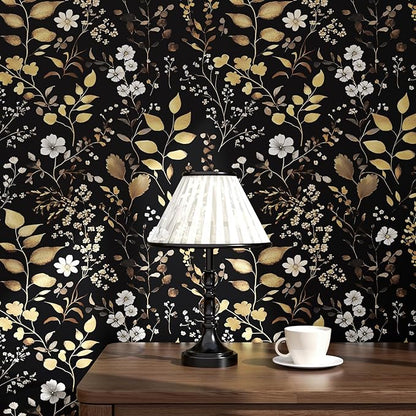 Laatse Boho Wallpaper Peel and Stick Dark Floral Wallpaper 17.5in x393in Vintage Leaf Contact Paper Vinyl Waterproof Self Adhesive Golden Leaf Botanical Wall Paper for Cabinet Table Drawer Decor