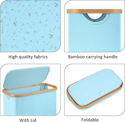 Slim Laundry Basket,60L Laundry Hamper with Lid, Tall Hamper for Laundry,Dirty Cloth Hamper with Bamboo Handle for Toys,Towels, Clothes Organizing,Blue