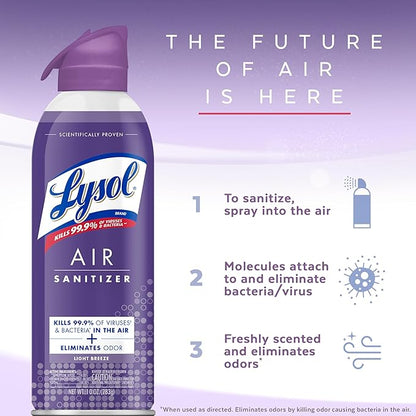 Lysol Air Sanitizer Spray with Bacterial Odor Eliminator for Home & Office, Sanitizing Air Spray, Air Freshener Alternative, Light Breeze Scent, 10 oz (Pack of 3)
