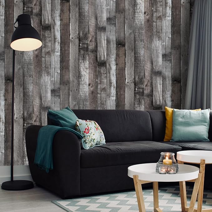 Yun-aeon Natural Wood-Dark Grey Wood Contact Paper Peel and Stick Wallpaper 17.3"x 80"Self Adhesive Removable Vintage Faux Wood Wall Paper Plank Shelf Home Decoration Kitchen Counter Cover Use