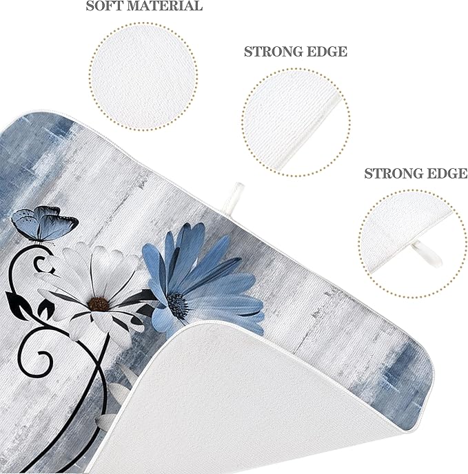 Floral Dish Drying Mat 18x24 Inches For Kitchen Counter Blue Daisy Flower Kitchen Decoration Drying Mat Modern Decorative Drying Pad For Home Kitchen Decor,Dining Room,Office Decor