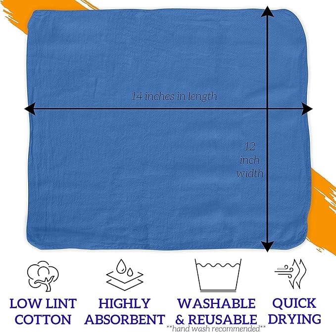 GREEN LIFESTYLE 100 Pack 12x14 Blue Shop Towel 100% Cotton, Super Absorbent and Durable for Car, Reusable