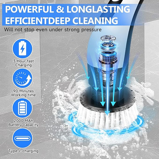 PUNOMO Electric Spin Scrubber, Cordless Bathroom Cleaning Brush with 8 Replaceable Heads & Adjustable Handle, IPX7 Waterproof Shower Scrubber with LCD Display, 2 Speeds for Bathtub, Floor, Tile