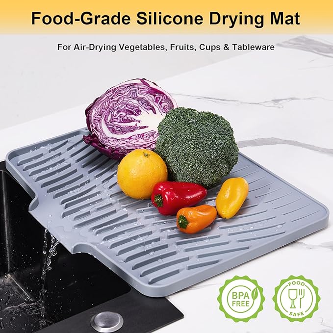 Silicone Dish Drying Mat for Kitchen Counter,Non-Slip Dish Drying Pad with Drain Lip,Heat Resistant Sink drying Mat for Dishes,Large Rubber dish drain mat dish rack mat (Grey,15.8"x13")