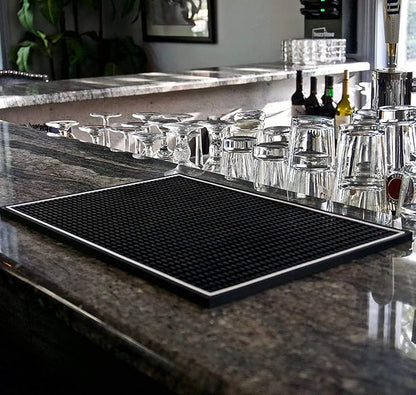 Highball & Chaser Premium Bar Mat 18in x 12in 1cm Thick Durable and Stylish Service Bar Mat for Spills, Coffee, Bars, Restaurants and Counter Top Dish Drying Mat, Glass Drying Mat (2 Pack Black)