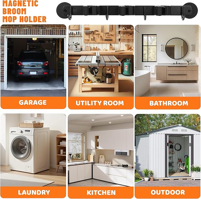 Magnetic Broom Holder Wall Mount with 4 Hooks and 3 Rack- Heavy Duty Non-Slip Mop Hanger for Wet Mops &Cleaning Tools on Refrigerator,Metal Door,Garage,Kitchen (3Racks 4Hooks)