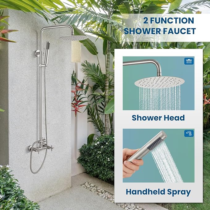 gotonovo Outdoor Shower Fixtures SUS304 Stainless Steel Rain Shower Kit Faucet High Pressure Wall Mount 2 Dual Function 8 Inch Showerhead and Handheld Spray Combo, Double Cross Handle, Brushed Nickel