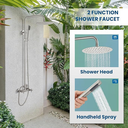 gotonovo Outdoor Shower Fixtures SUS304 Stainless Steel Rain Shower Kit Faucet High Pressure Wall Mount 2 Dual Function 8 Inch Showerhead and Handheld Spray Combo, Double Cross Handle, Brushed Nickel