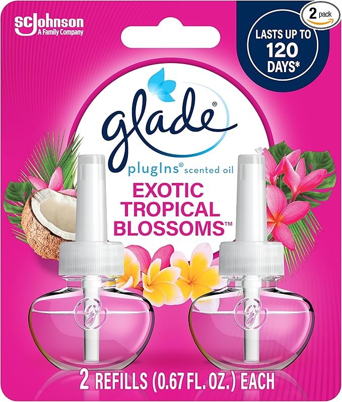 Glade PlugIns Refills Air Freshener, Scented and Essential Oils for Home and Bathroom, Exotic Tropical Blossoms, 1.34 Fl Oz, 2 Count