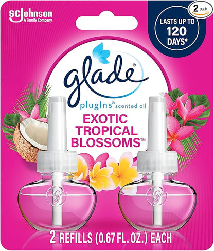 Glade PlugIns Refills Air Freshener, Scented and Essential Oils for Home and Bathroom, Exotic Tropical Blossoms, 1.34 Fl Oz, 2 Count