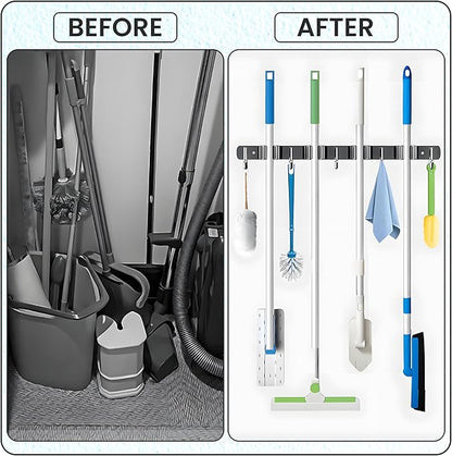 Wall Mount Broom Holder | Heavy Duty Stainless Steel Mop Organizer with 4 Racks & 5 Hooks for Kitchen, Bathroom, Garage, Garden & Laundry | Space Saving Black Wall Mounted Cleaning Tool Rack | 1 Pack