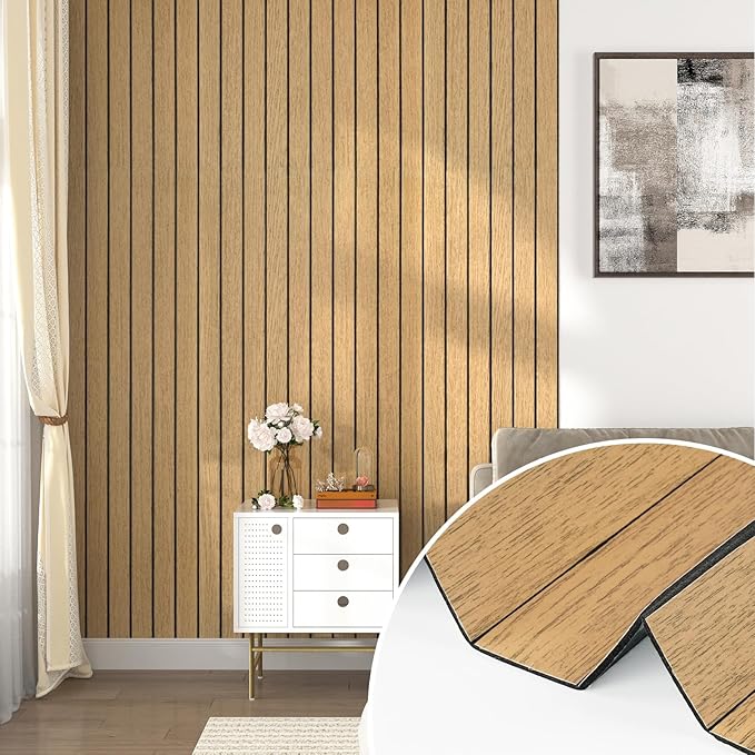 Wallercity Brown Wood Slat Wall Panels Peel and Stick 3D Slat Panel for Wall Decor Faux Self-Adhesive Soundproof Wooden Wallpaper for Livning Room Bedroom Waterproof Plank for Bathroom 11.7''x118''