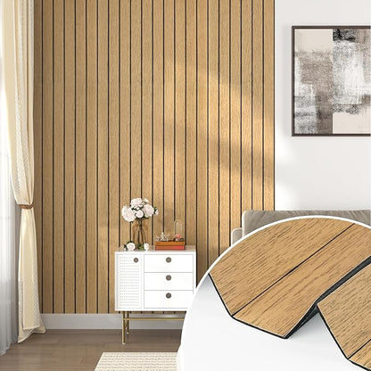 Wallercity Brown Wood Slat Wall Panels Peel and Stick 3D Slat Panel for Wall Decor Faux Self-Adhesive Soundproof Wooden Wallpaper for Livning Room Bedroom Waterproof Plank for Bathroom 11.7''x118''